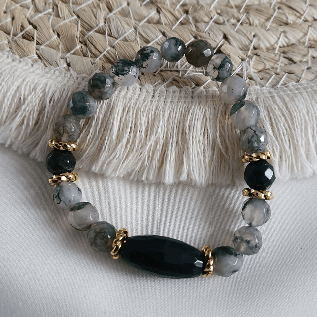 Dames armband Mosagaat met goudkleurige RVS – elastisch (1.310)