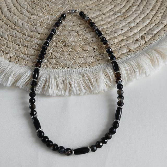 Dames ketting Agaat en Onyx - rvs spacers (1.316)