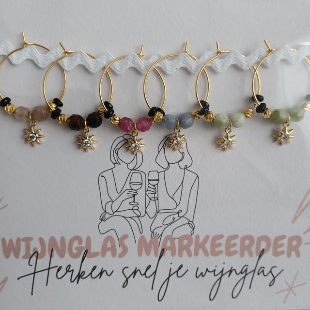 Wijnglas Markeerders (set van 6) met Onyx, Watermeloen Toermalijn en Sterbedel met Zirkonia (13.008)