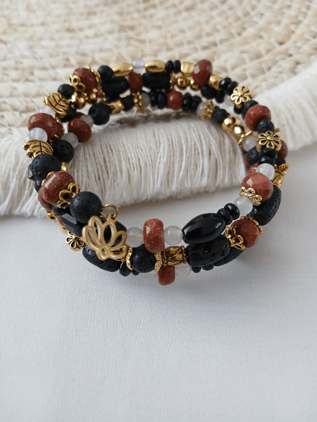 Dames wikkelarmband Lavasteen, Goudzandsteen, Onyx & Jade – met goudkleurige RVS accenten (1.256)