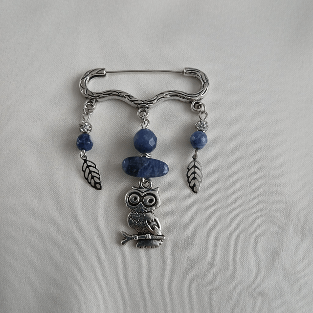 Broche - Zilverkleurige RVS met Sodaliet, Uil en Veertjes Bedels (8.020)