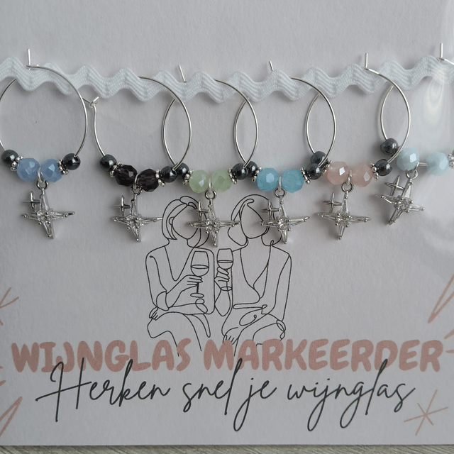 Wijnglas markeerder (set van 6) met Hematiet, Sterbedel en Glaskraaltjes(13.004)