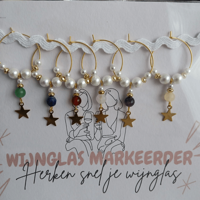 Wijnglas markeerder (set van 6) met Schelppareltjes, Edelsteen en Sterbedel (13.003)