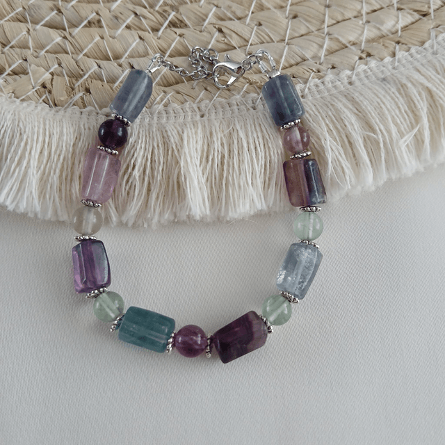 Dames armband Fluoriet met buiskralen en glanzende accenten – Stainless Steel – Verstelbaar (1.253)