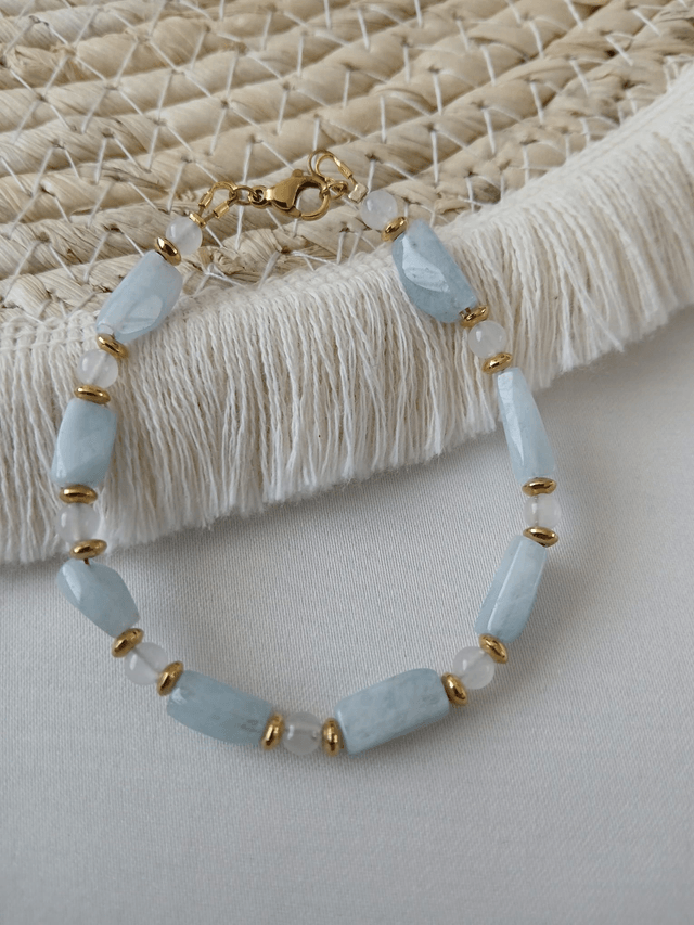 Dames armband Aquamarijn en Jade – goudkleurig RVS (1.259)