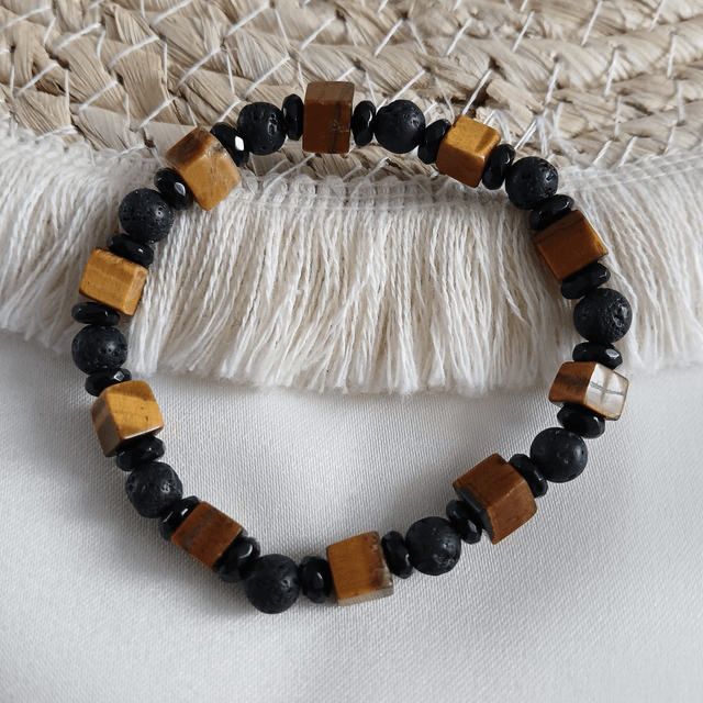 Dames armband Tijgeroog, Lavasteen & Onyx – elastisch (1.312)