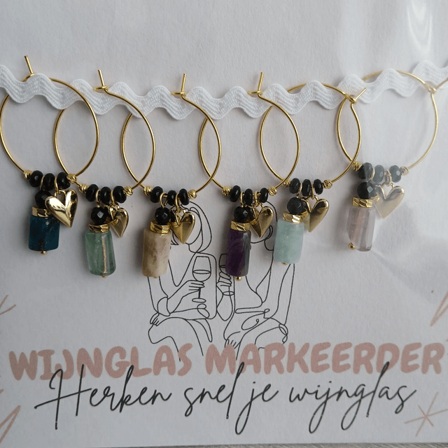 Wijnglas markeerder (set van 6) met Onyx, Edelsteenhanger en Hartbedel (13.005)