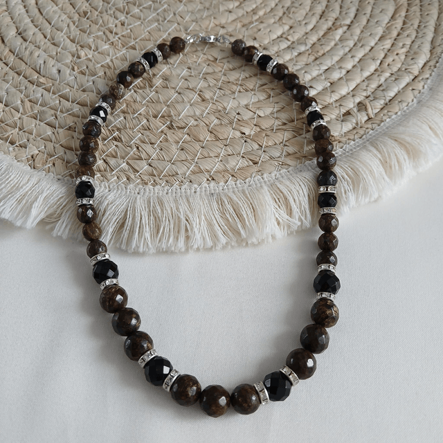 Dames armband Bronzien en Onyx - rvs spacers (1.314-2)