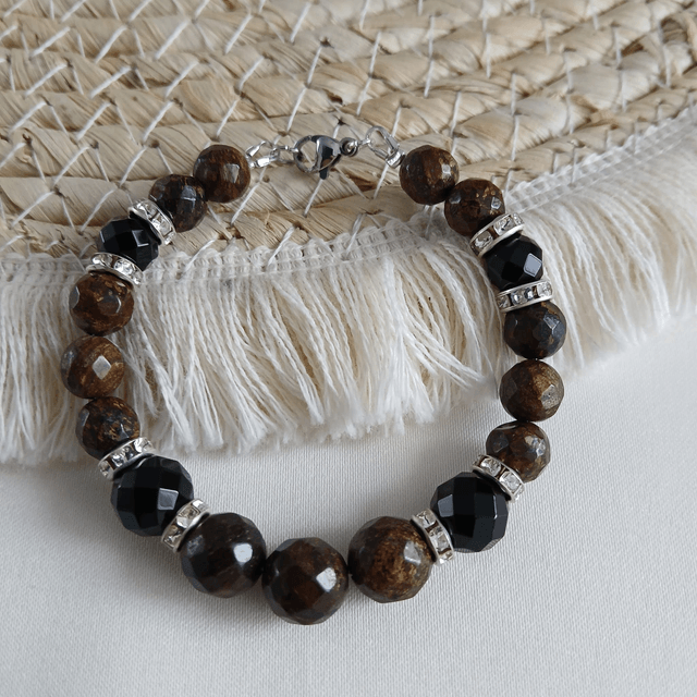Dames oorbellen Bronziet en Onyx - rvs spacers (1.314-3)