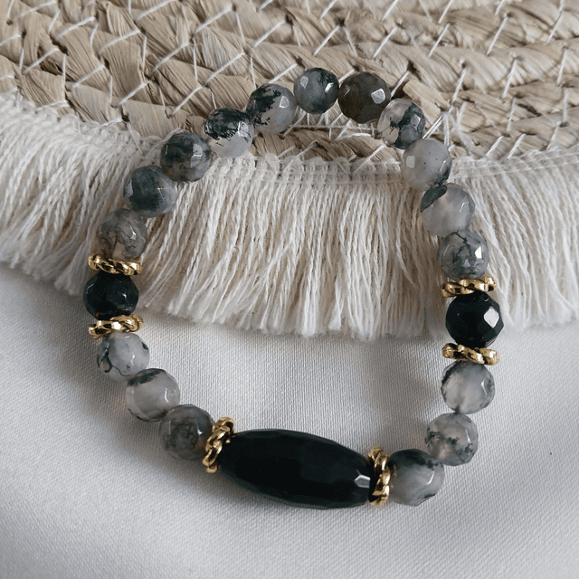 Dames armband Mosagaat met goudkleurige RVS – elastisch (1.310)