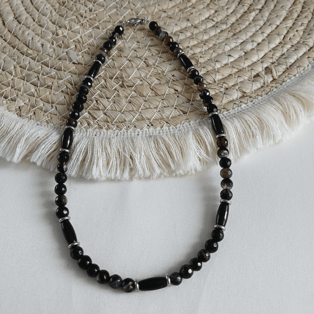 Dames ketting Agaat en Onyx - rvs spacers (1.316)