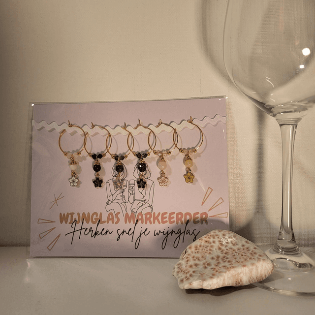Wijnglas Markeerders (set van 6) met Glassteentjes en Edelsteenhanger met bloembedel (13.006)