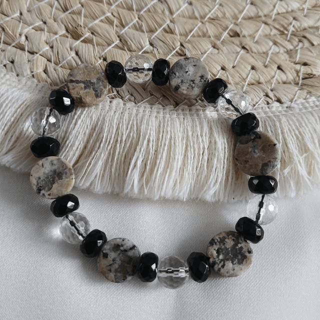 Dames armband Graniet, Bergkristal &amp; Onyx – elastisch (1.311)