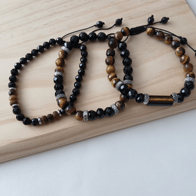 Heren armbandenset Tijgeroog &amp; Onyx – 3-delig, handgemaakt (2.046)