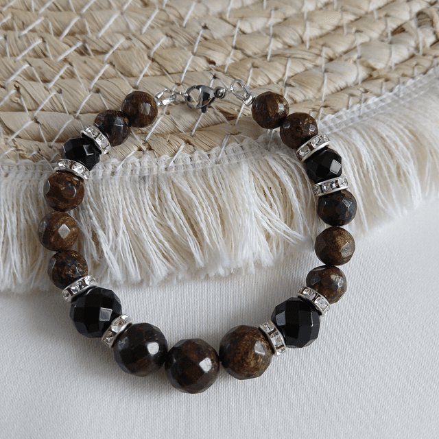 Dames armband Bronzien en Onyx - rvs spacers (1.314-2)