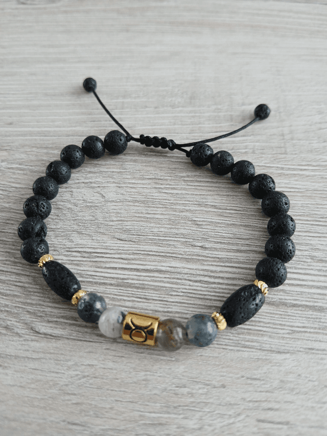 Sterrenbeeld armband Stier - Mosagaat &amp; Lavasteen - verstelbaar (7.022)
