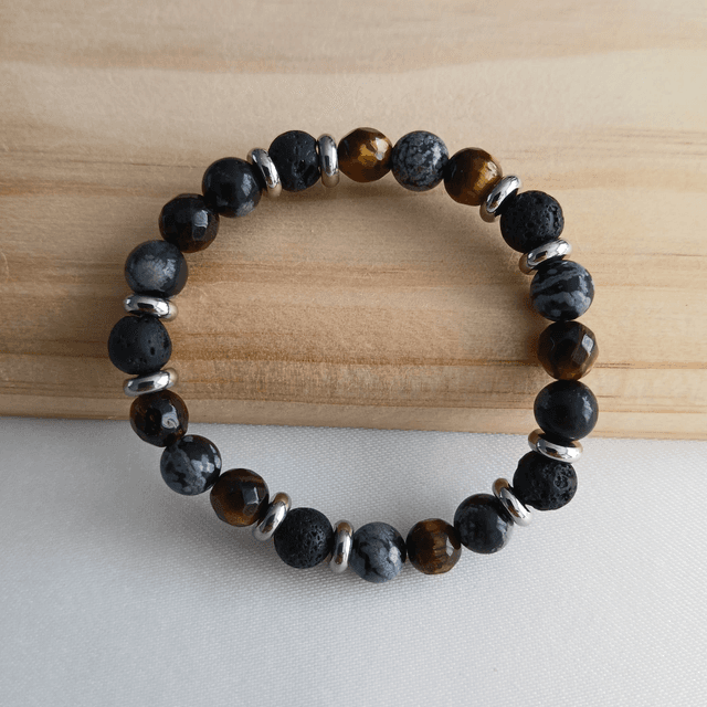 Jongens armband met Sneeuwvlok Obsidiaan, Lavasteen en Tijgeroog - elastisch met rvs (3.045)