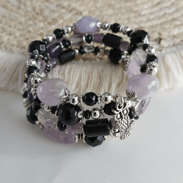 Dames wikkelarmband Ametrien en Onyx - rvs met bedels (1.302)