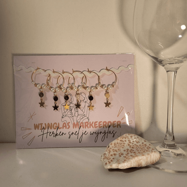 Wijnglas markeerder (set van 6) met Schelppareltjes, Edelsteen en Sterbedel (13.003)
