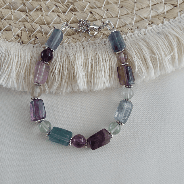 Dames armband Fluoriet met buiskralen en glanzende accenten – Stainless Steel – Verstelbaar (1.253)