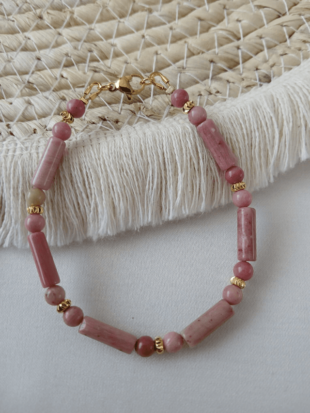 Dames armband Rhodoniet buis en kralen – goudkleurig RVS (1.260)