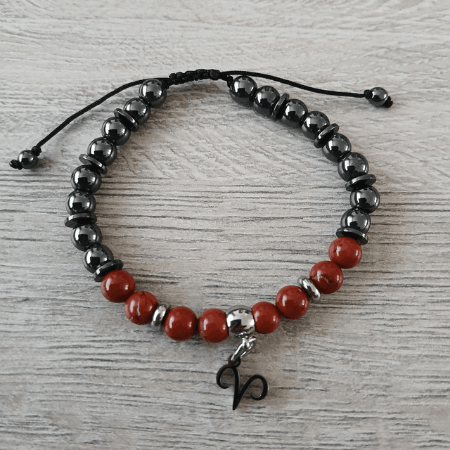 Sterrenbeeld armband Ram – Rode Jaspis &amp; Hematiet – verstelbaar (7.009)