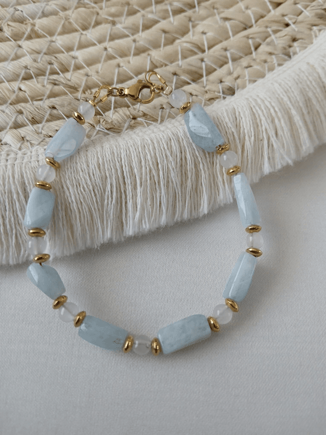 Dames armband Aquamarijn en Jade – goudkleurig RVS (1.259)