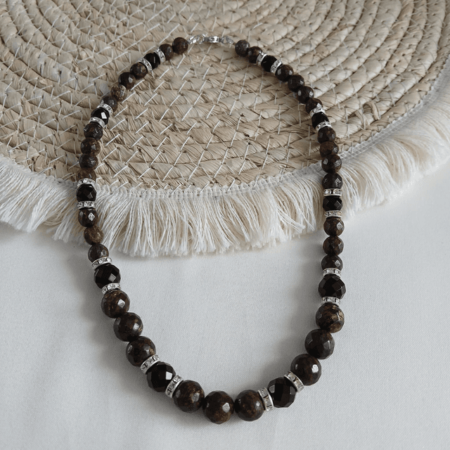 Dames ketting Bronziet en Onyx - rvs spacers (1.314-1)