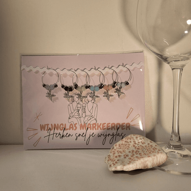 Wijnglas markeerder (set van 6) met Hematiet, Sterbedel en Glaskraaltjes(13.004)