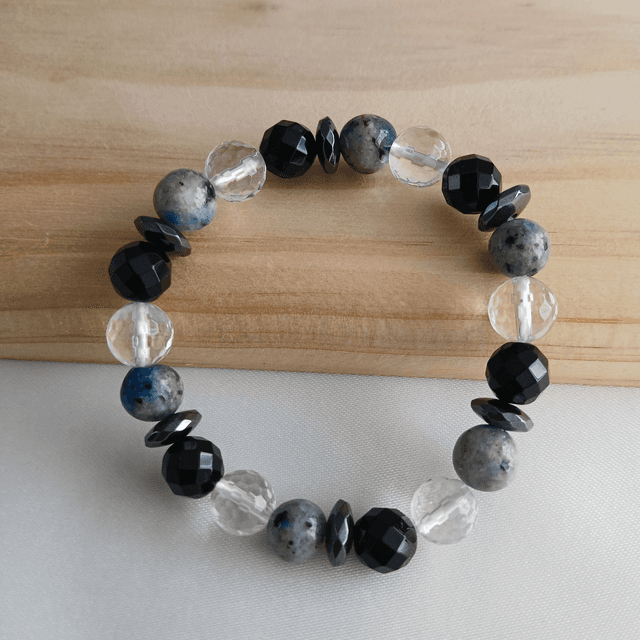 Jongens armband Azuriet, Bergkristal, Hematiet en Onyx - elastisch (3.044)
