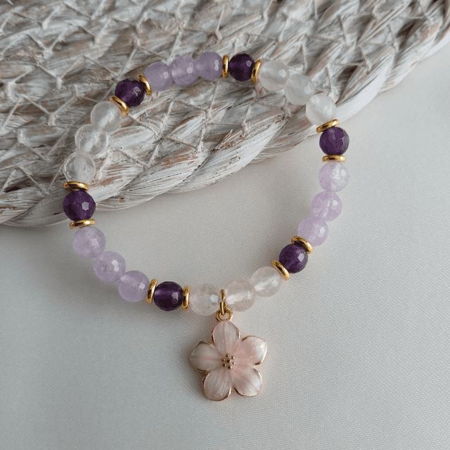 Meisjes armband Amethist, Lavendel Amethist en Rozenkwarts - rvs met bedel bloem (3.043)