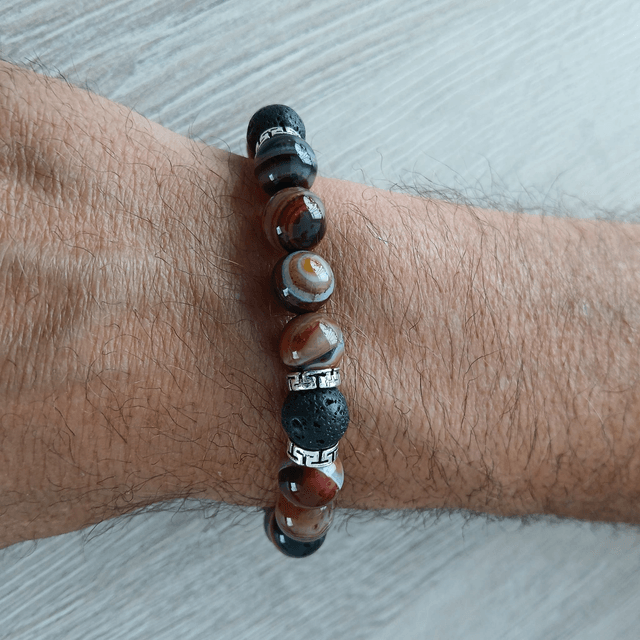 Heren armband Carneool en Lavasteen met rvs - elastisch 18cm (2.055)