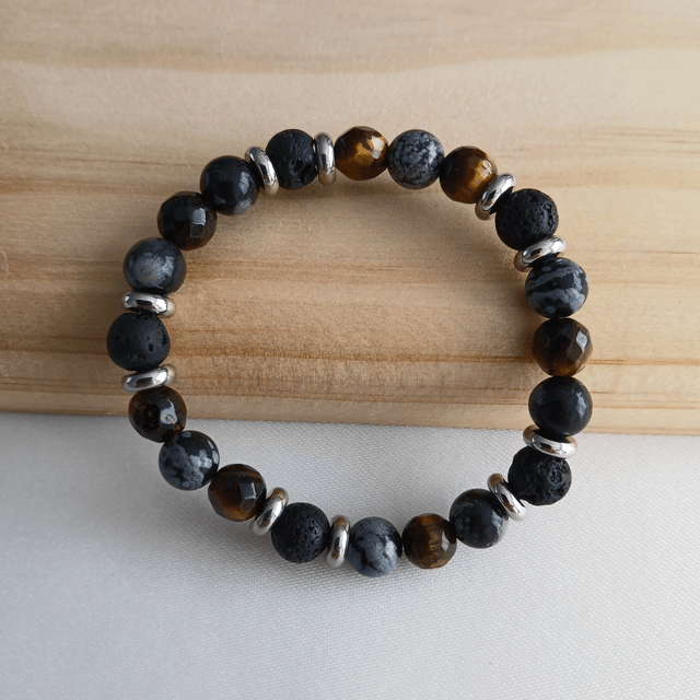 Jongens armband met Sneeuwvlok Obsidiaan, Lavasteen en Tijgeroog - elastisch met rvs (3.045)