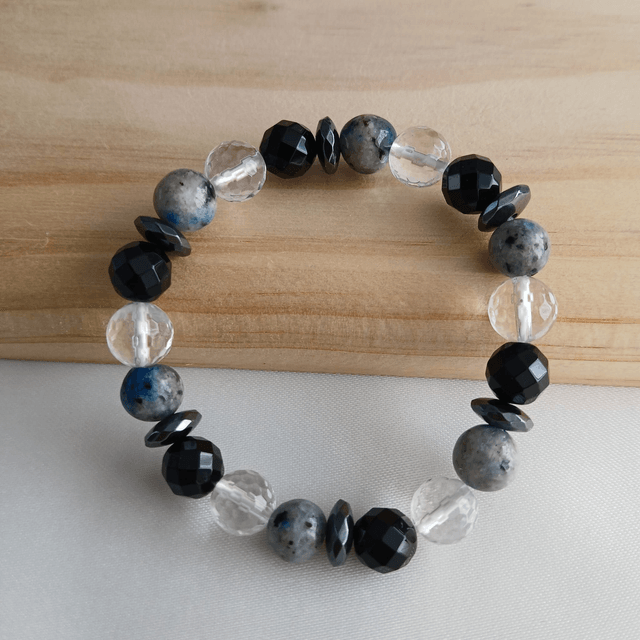 Jongens armband Azuriet, Bergkristal, Hematiet en Onyx - elastisch (3.044)